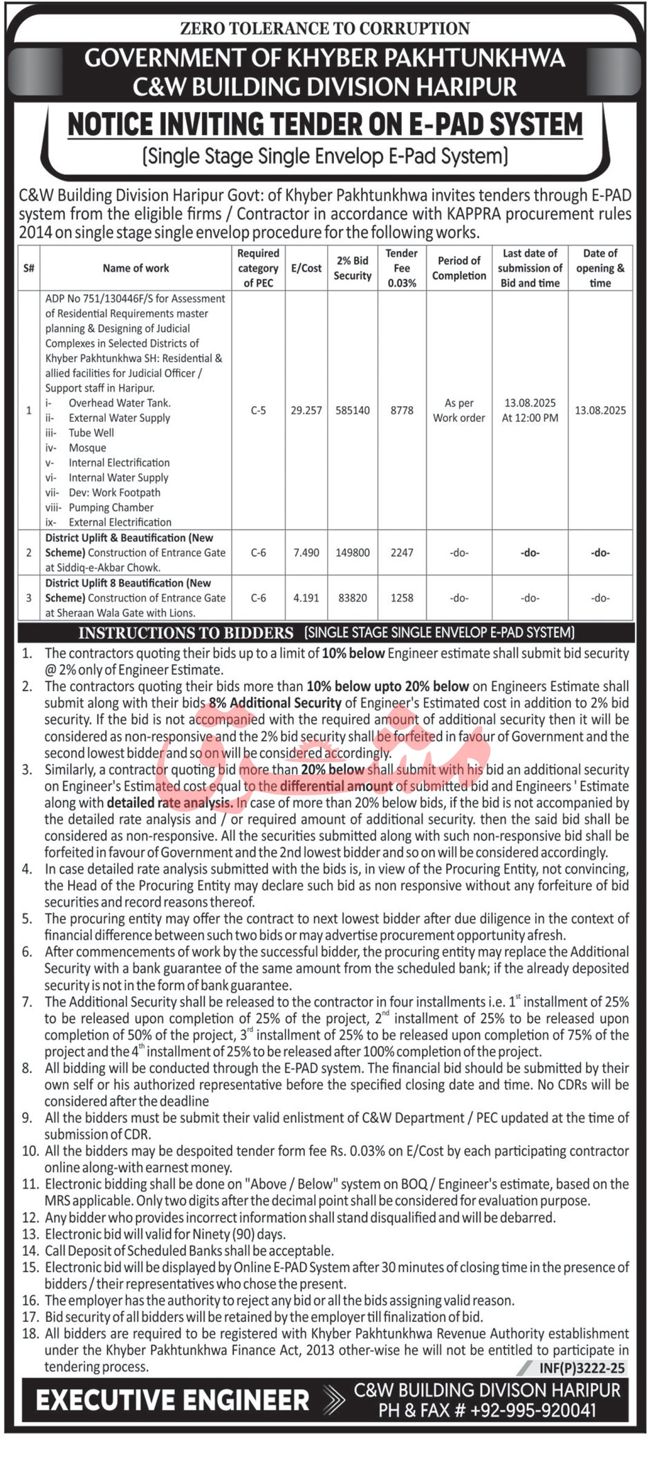C&W Building Division Haripur Tender Notice